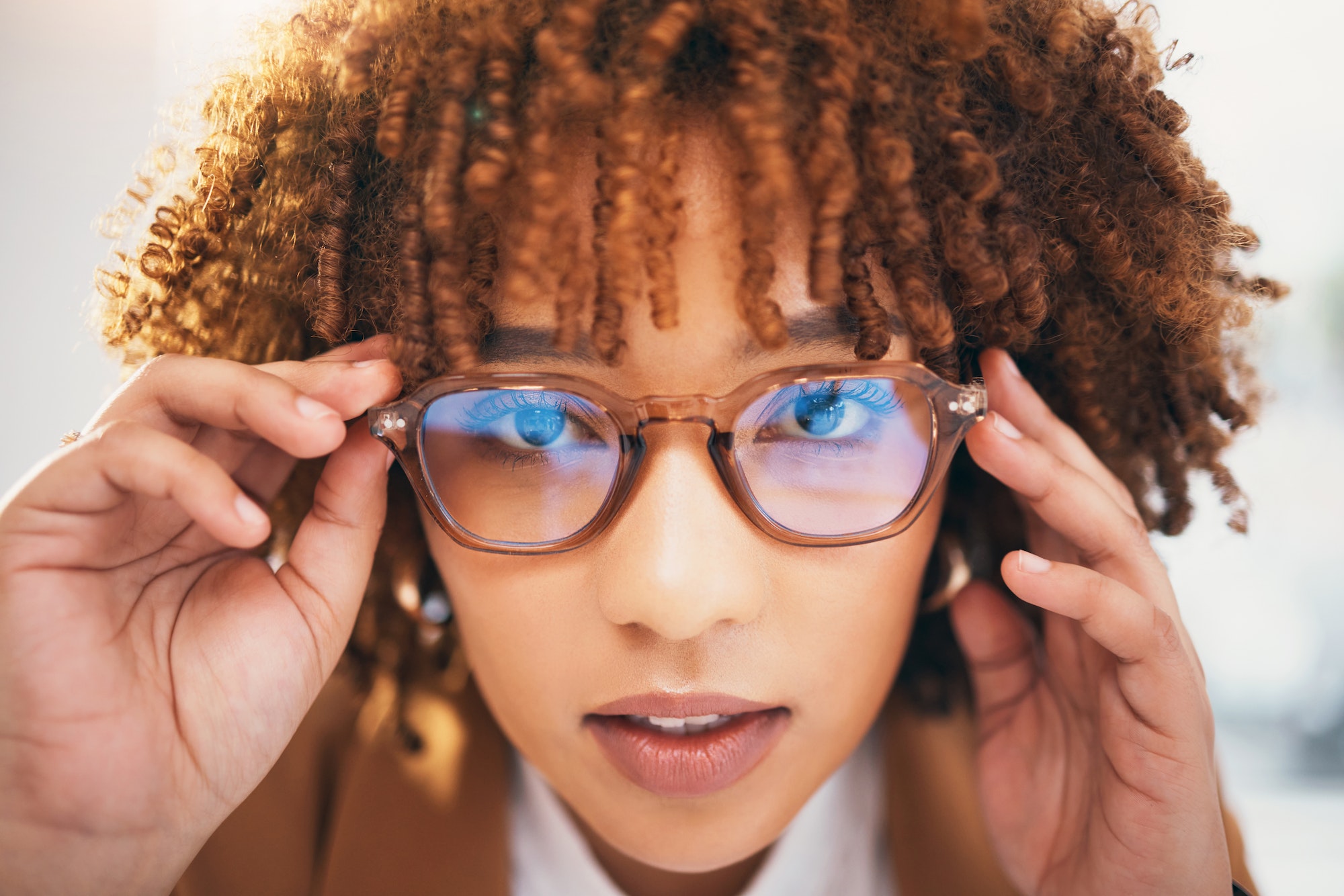 Vision, glasses and black woman, face and portrait with eye care, designer frame with prescription